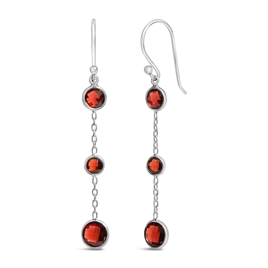 .925 Sterling Silver Graduating Bezel Set Red Garnet Dangle Earring