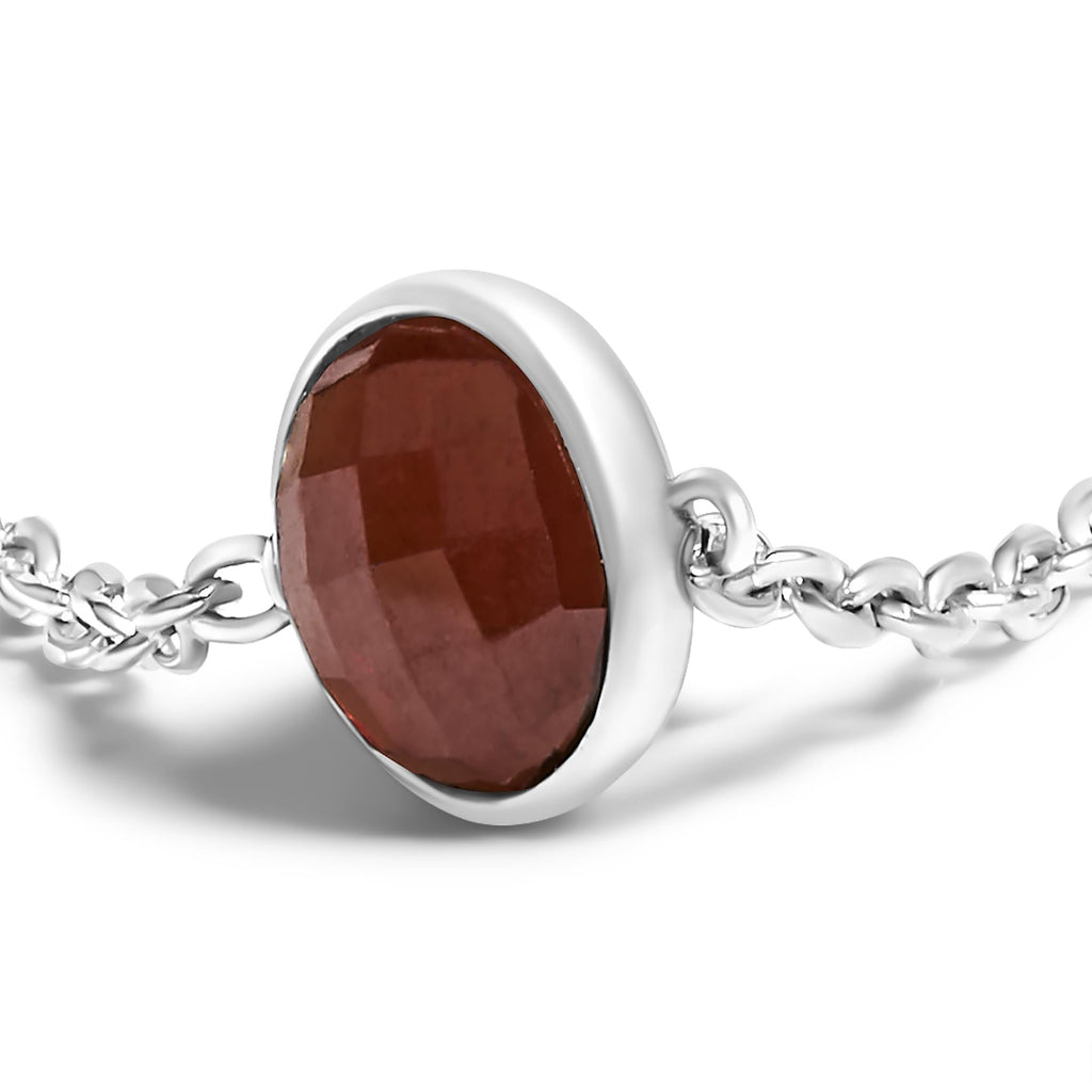 .925 Sterling Silver Checkerboard Cut Red Garnet Bezel Station Necklace - 22" Inches