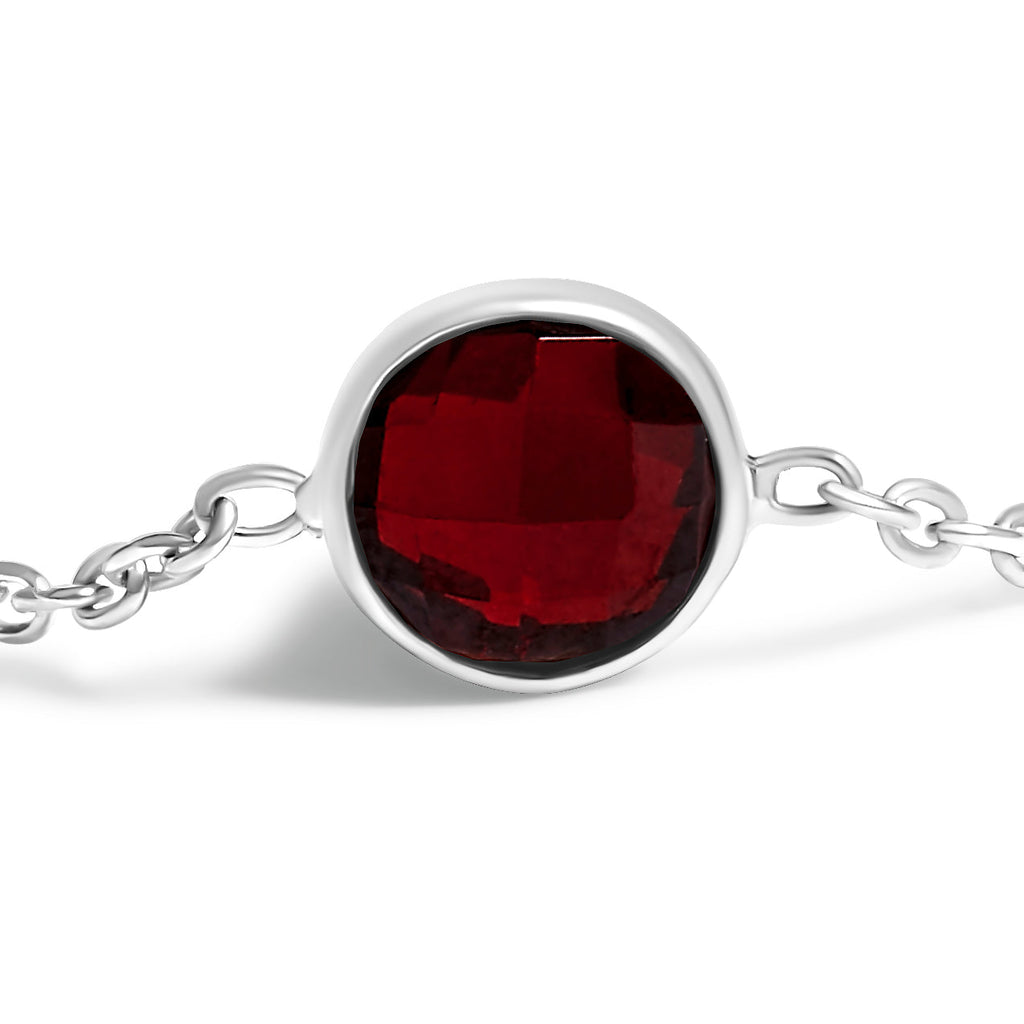 .925 Sterling Silver Checkerboard Cut Red Garnet Bezel Station Necklace - 22" Inches