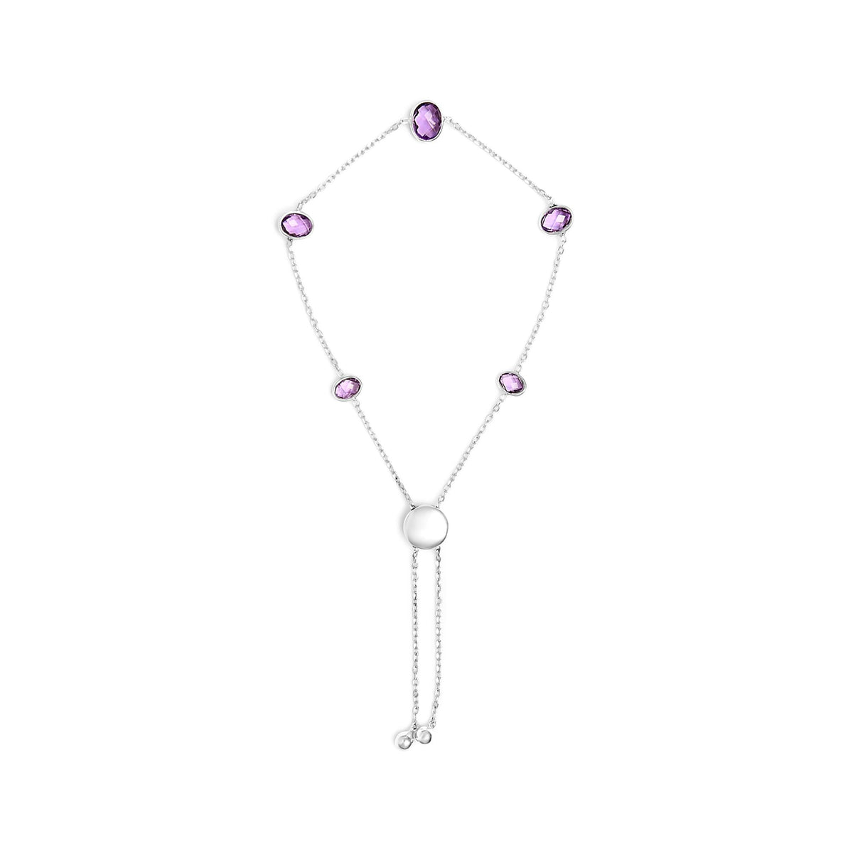 .925 Sterling Silver Bezel Set Purple Amethyst 5 Station Adjustable Bolo Bracelet