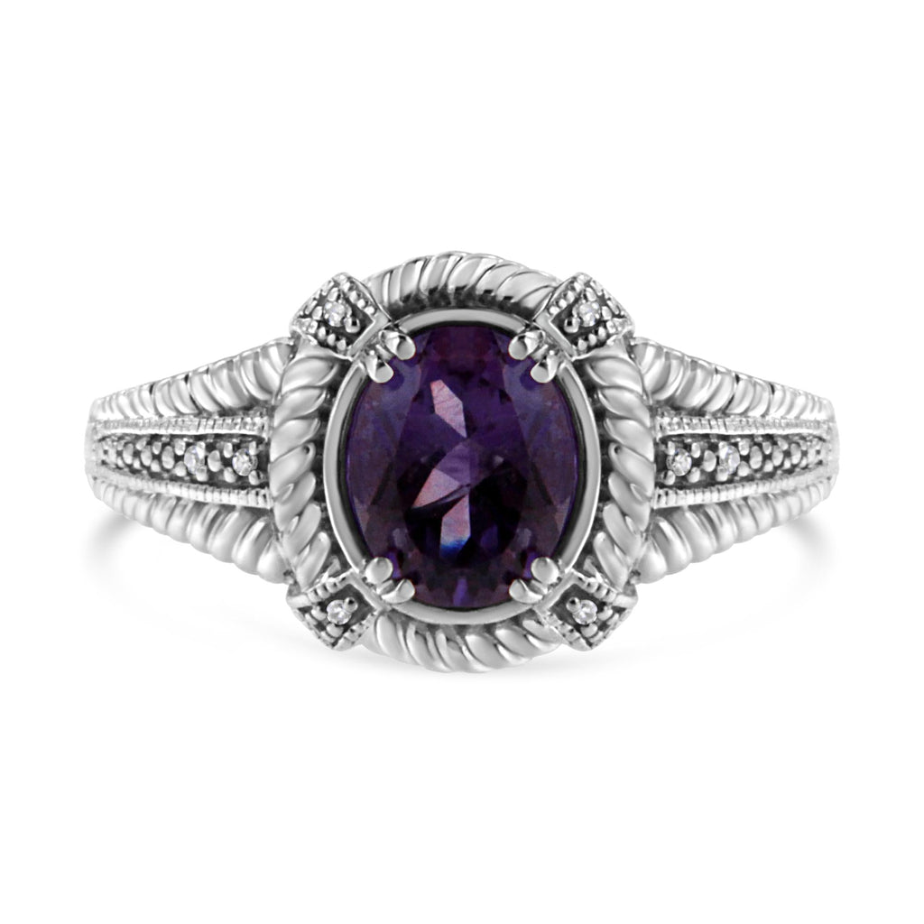 .925 Sterling Silver 9X7 Oval MM Purple Amethyst Solitaire and Diamond Accent Ring