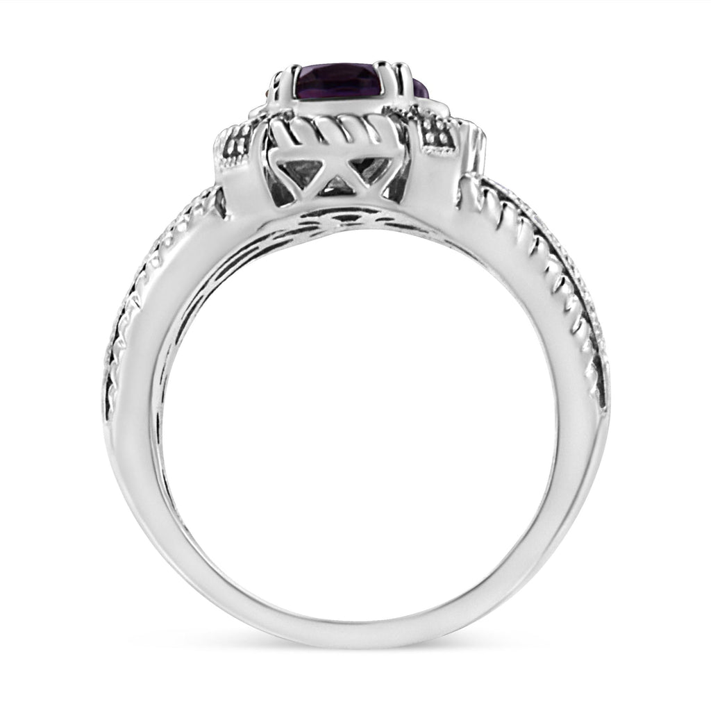 .925 Sterling Silver 9X7 Oval MM Purple Amethyst Solitaire and Diamond Accent Ring