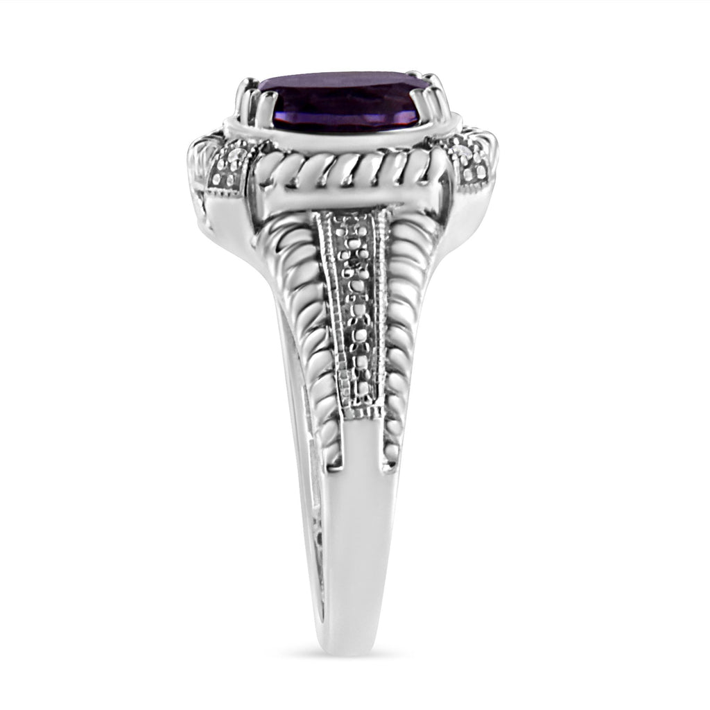 .925 Sterling Silver 9X7 Oval MM Purple Amethyst Solitaire and Diamond Accent Ring