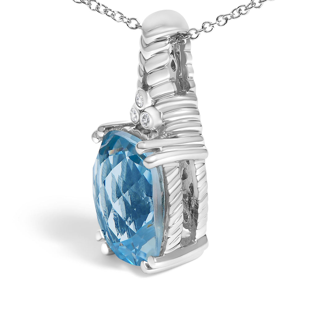 .925 Sterling Silver Blue Topaz and Diamond Accent Textured Pendant Necklace - 18" Inches