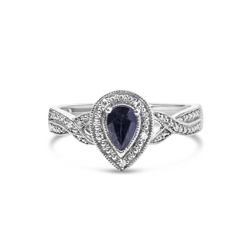 .925 Sterling Silver 6x4mm Pear Sapphire Gemstone with Diamond Accent Fashion Halo Ring