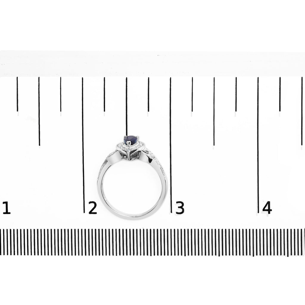 .925 Sterling Silver 6x4mm Pear Sapphire Gemstone with Diamond Accent Fashion Halo Ring