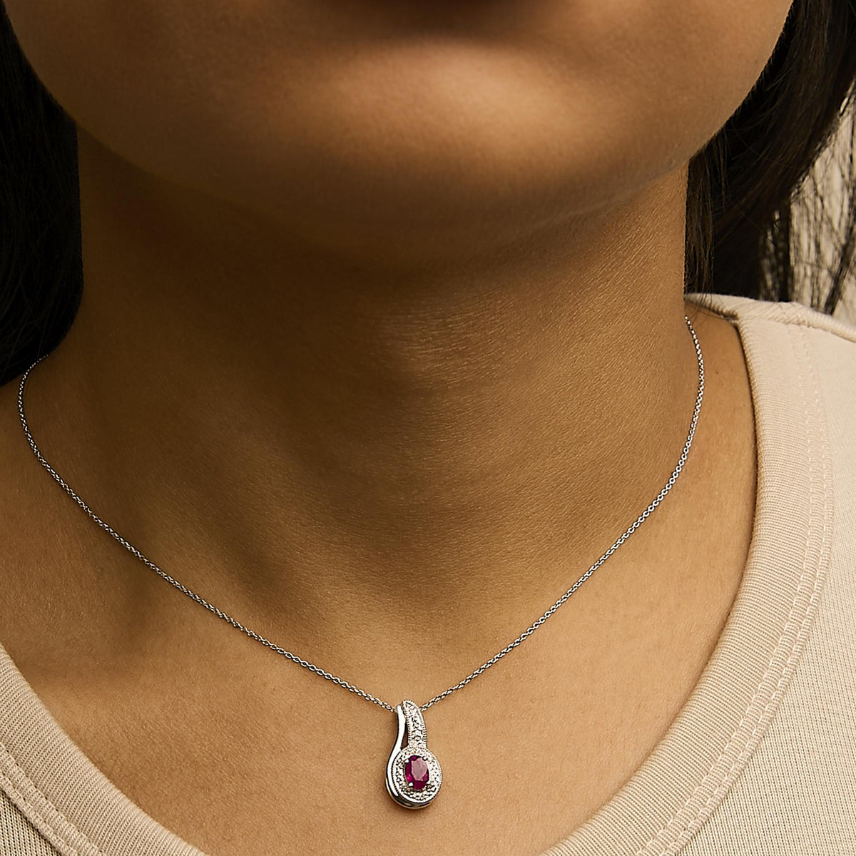 .925 Sterling Silver Red Ruby and Diamond Accent Milgrain Swirl Pendant Necklace - 18" Inches