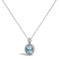 .925 Sterling Silver Oval Blue Topaz and Diamond Accent with Beaded Halo Pendant Necklace - 18" Inches