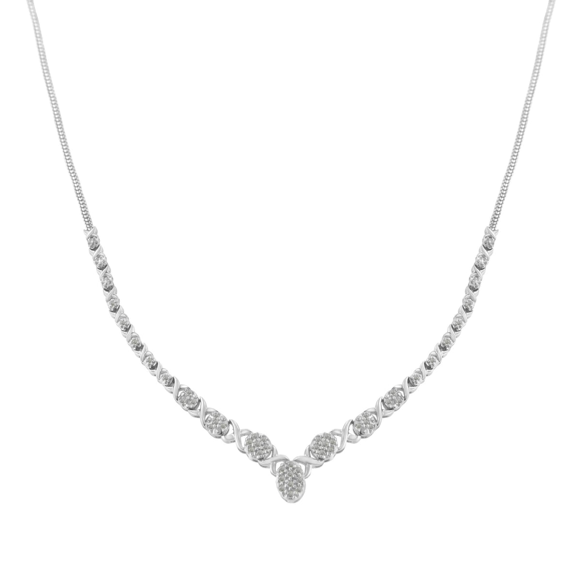 .925 Sterling Silver 1/2 cttw Prong Set Round Diamond Graduated Cluster 18" Statement Necklace (I-J Color, I3 Clarity)