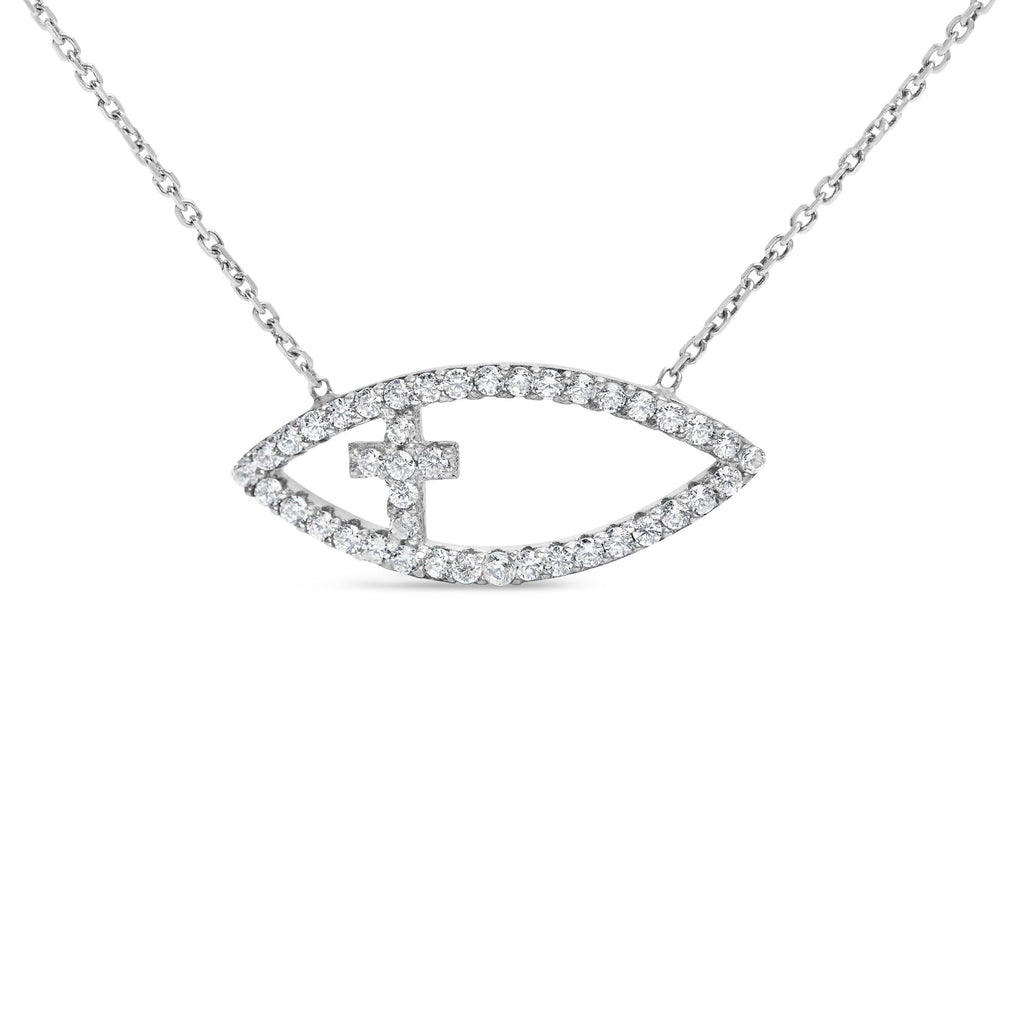 .925 Sterling Silver 1/2 Cttw Diamond Cross and Evil Eye 18" Inch Pendant Necklace (H-I Color, SI1-SI2 Clarity)