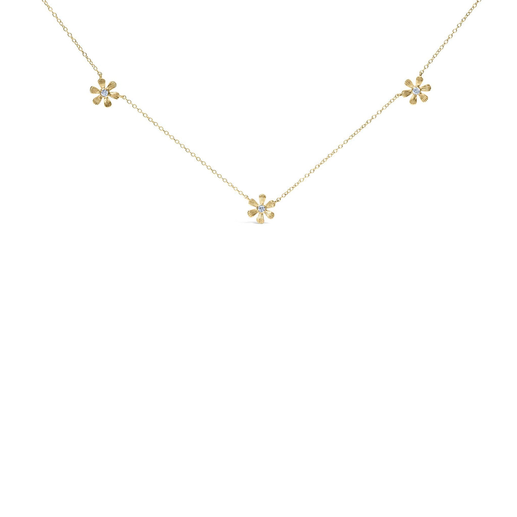 10K Yellow Gold 1/8 Cttw Diamond Floral Station Chain Necklace (I-J Color, I1-I2 Clarity)