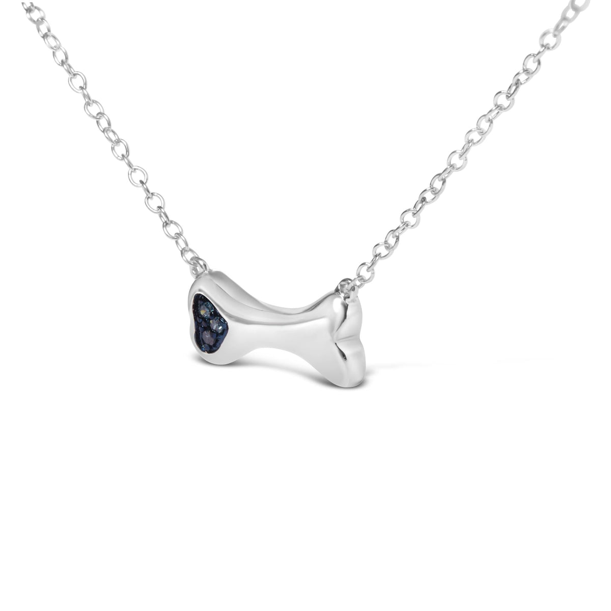 .925 Sterling Silver Treated Blue Diamond Accent Dog Bone Charm 18" Pendant Necklace (Blue Color, I2-I3 Clarity)