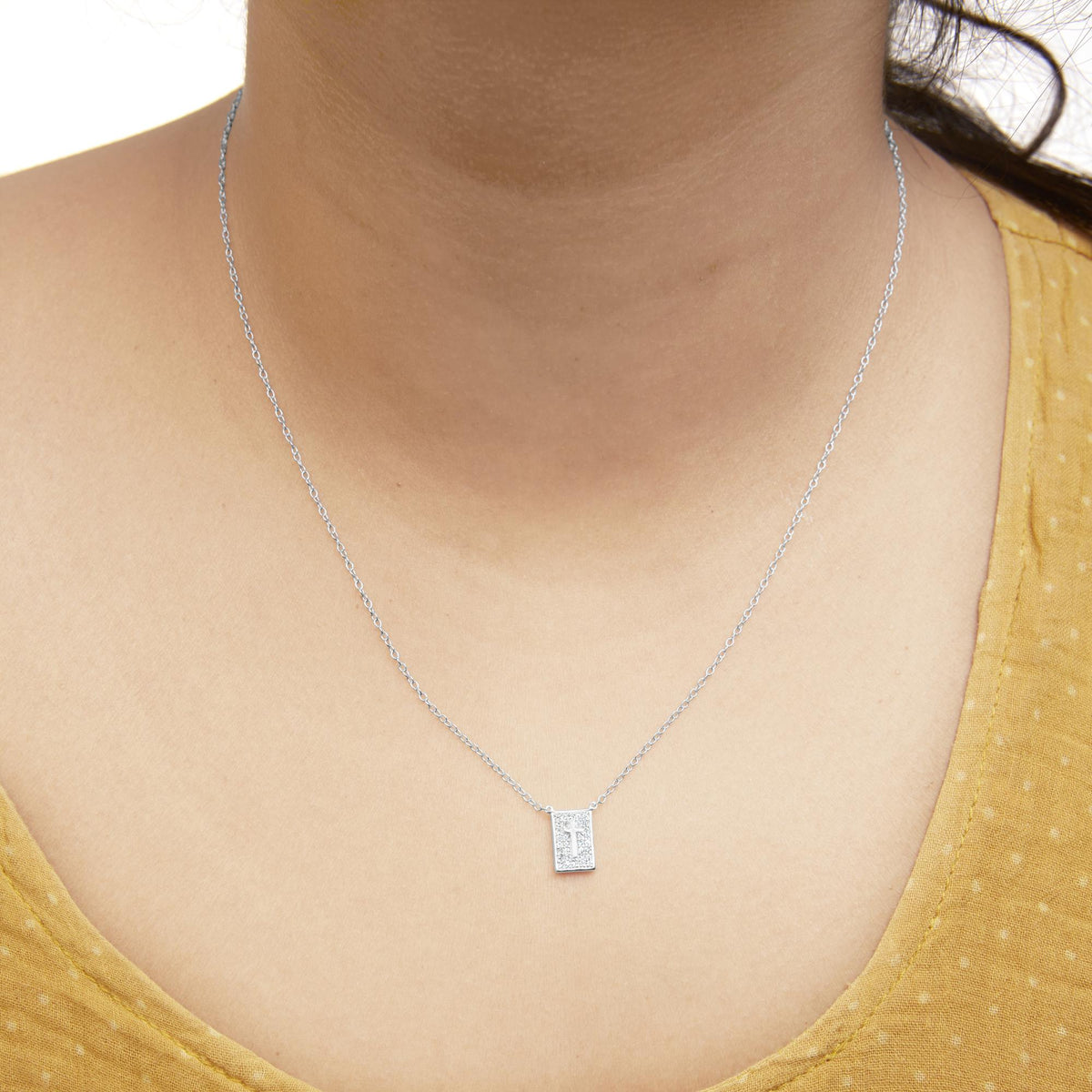 .925 Sterling Silver 1/10 Ctw Diamond Inlaid Cross Dog Tag Pendant Necklace (H-I Color, I1-I2 Clarity) - 18"