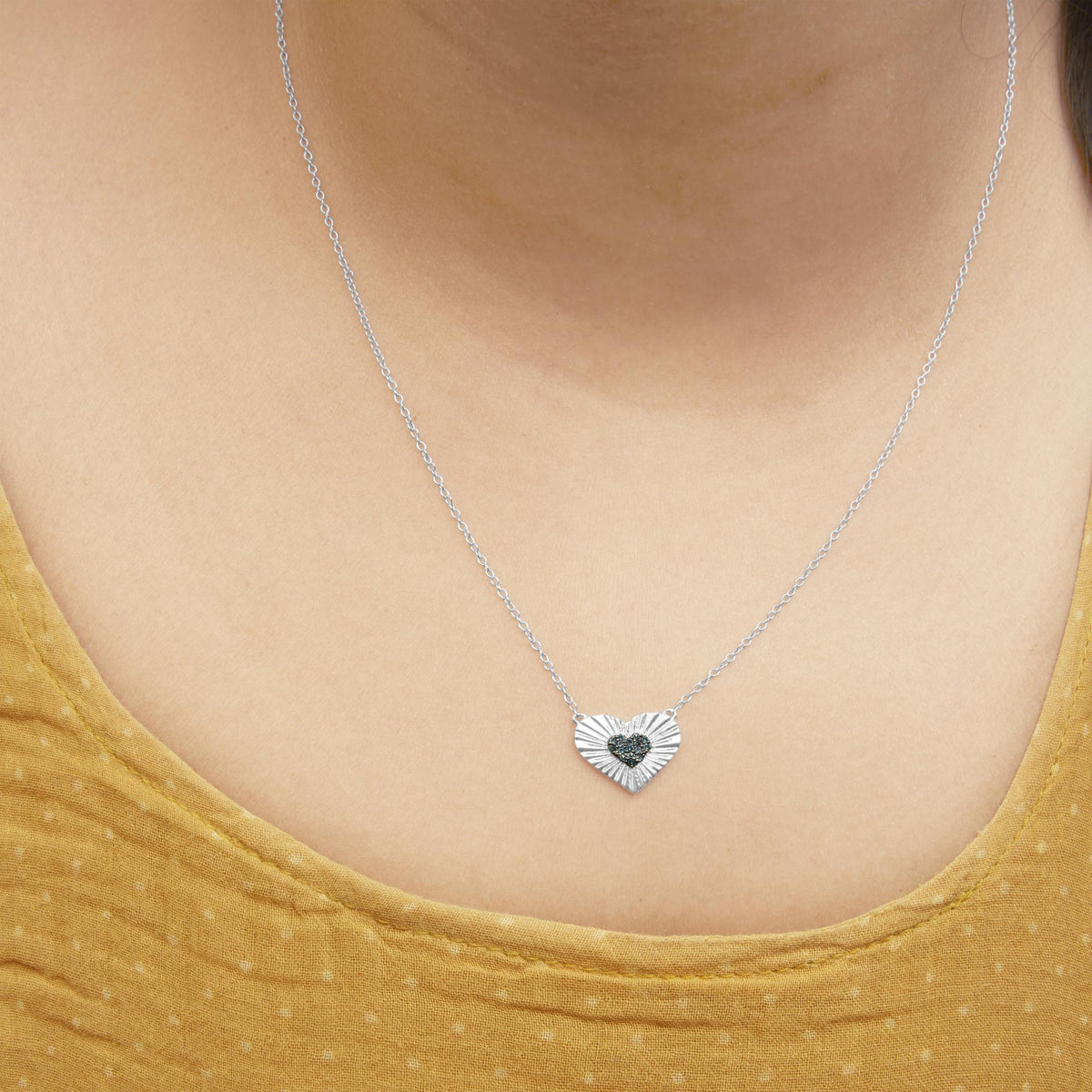 925 Sterling Silver 1/10 Cttw Treated Blue Diamond Cluster Heart 18" Pendant Necklace (Blue Color, I3 Clarity)