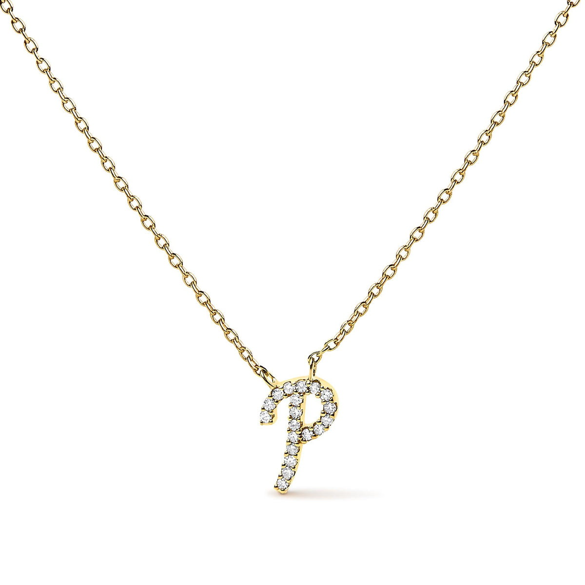 10K Yellow Gold Diamond Accent  A-Z Initial Script Style Pendant Necklace