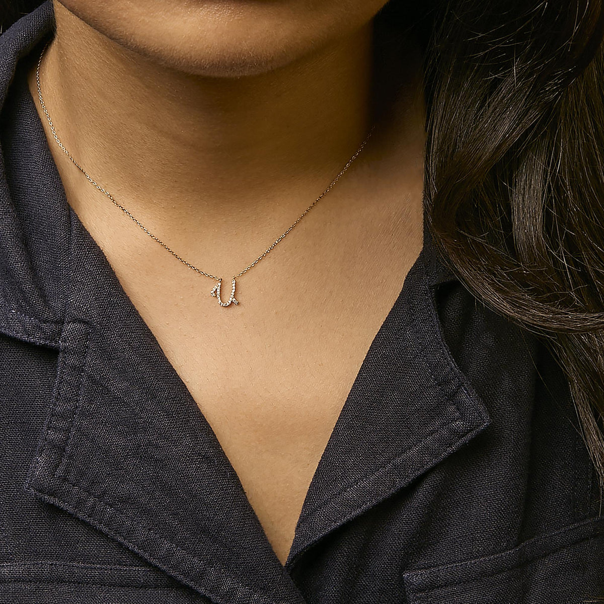 10K Yellow Gold Diamond Accent  A-Z Initial Script Style Pendant Necklace
