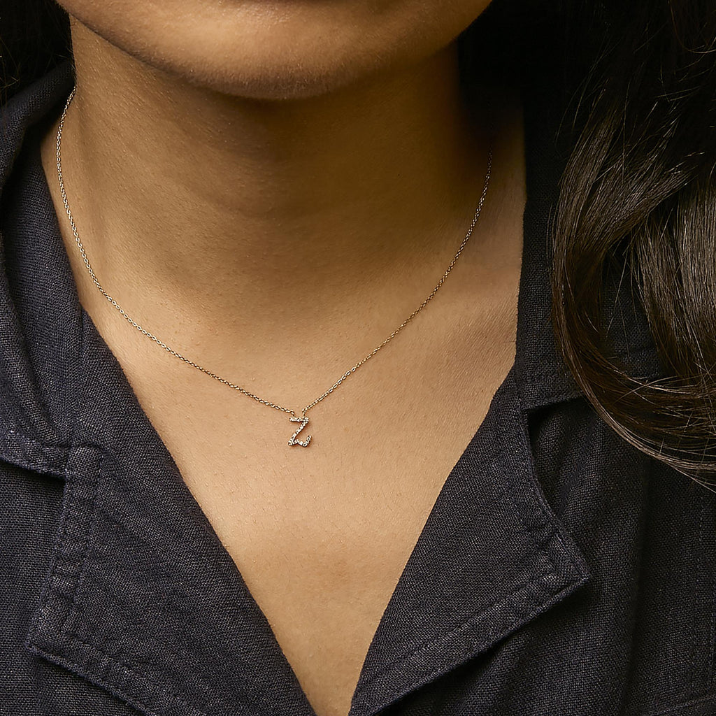 10K Yellow Gold Diamond Accent  A-Z Initial Script Style Pendant Necklace