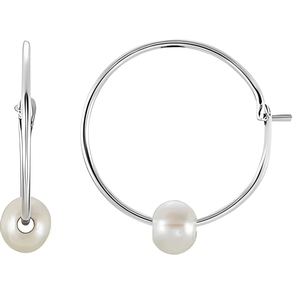 14K White Gold Cultured White Freshwater Pearl Youth Huggie Earrings