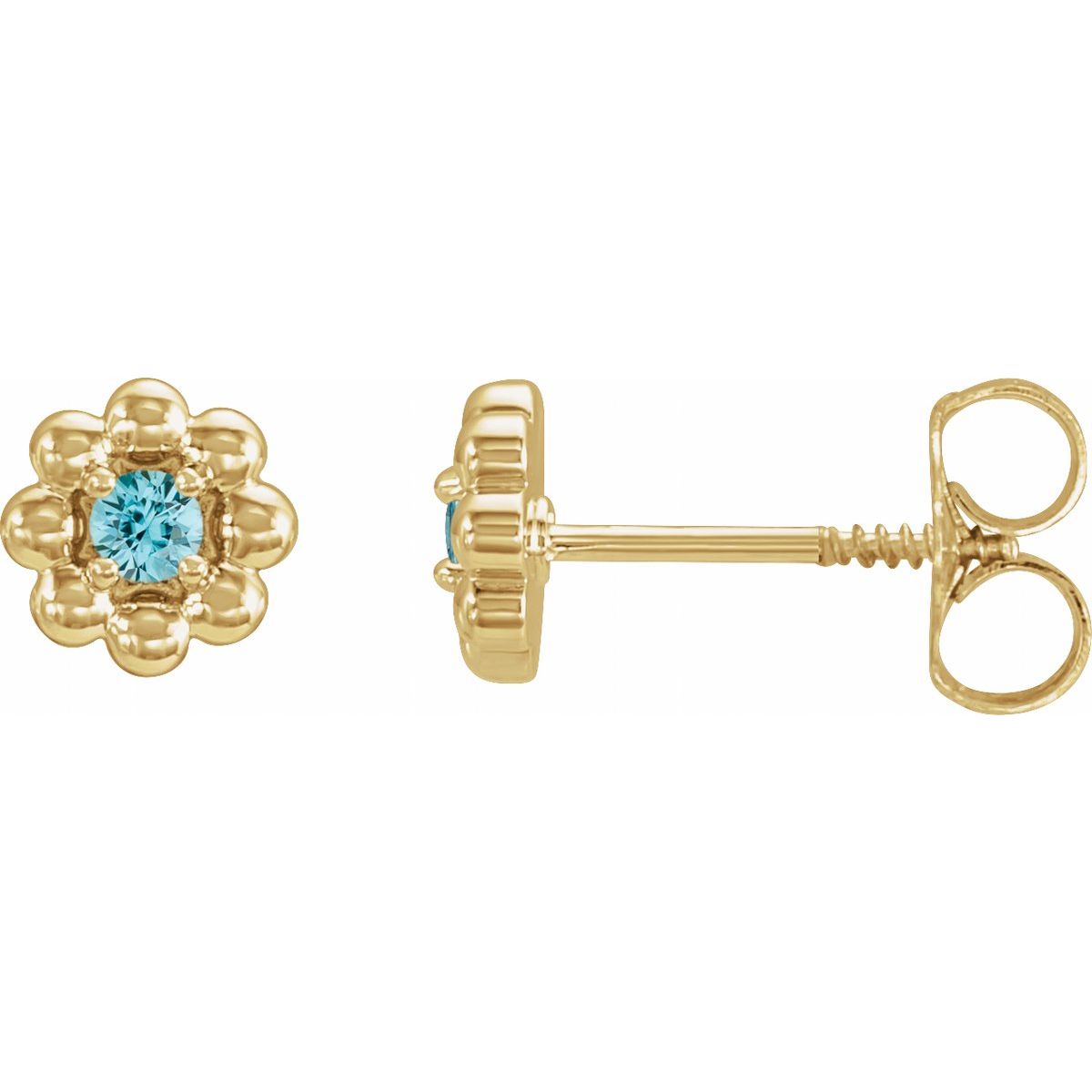 14K Yellow Gold Natural Blue Zircon Petite Flower Beaded Earrings