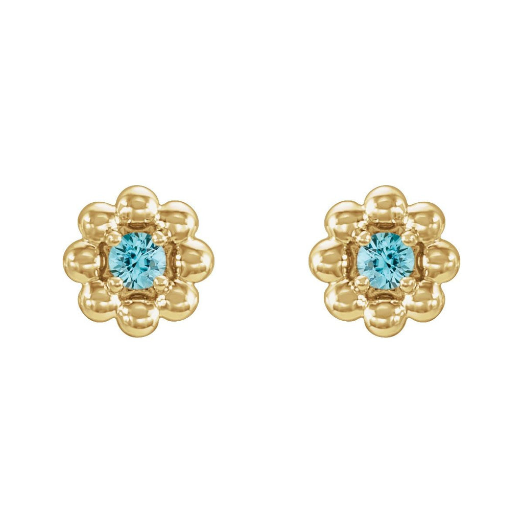 14K Yellow Gold Natural Blue Zircon Petite Flower Beaded Earrings