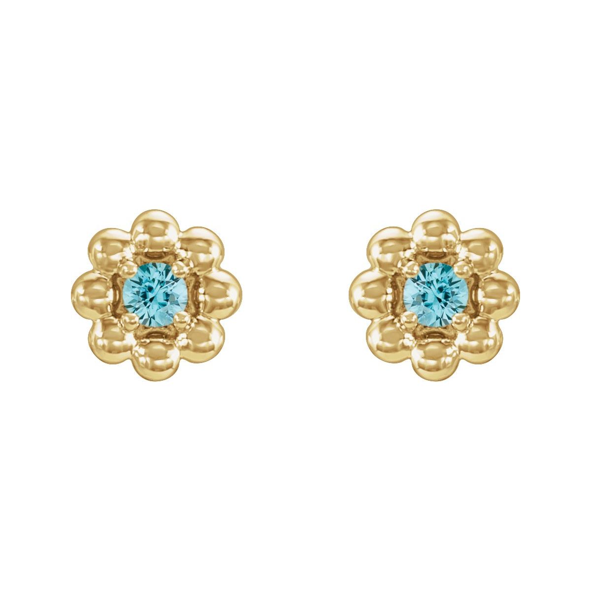14K Yellow Gold Natural Blue Zircon Petite Flower Beaded Earrings