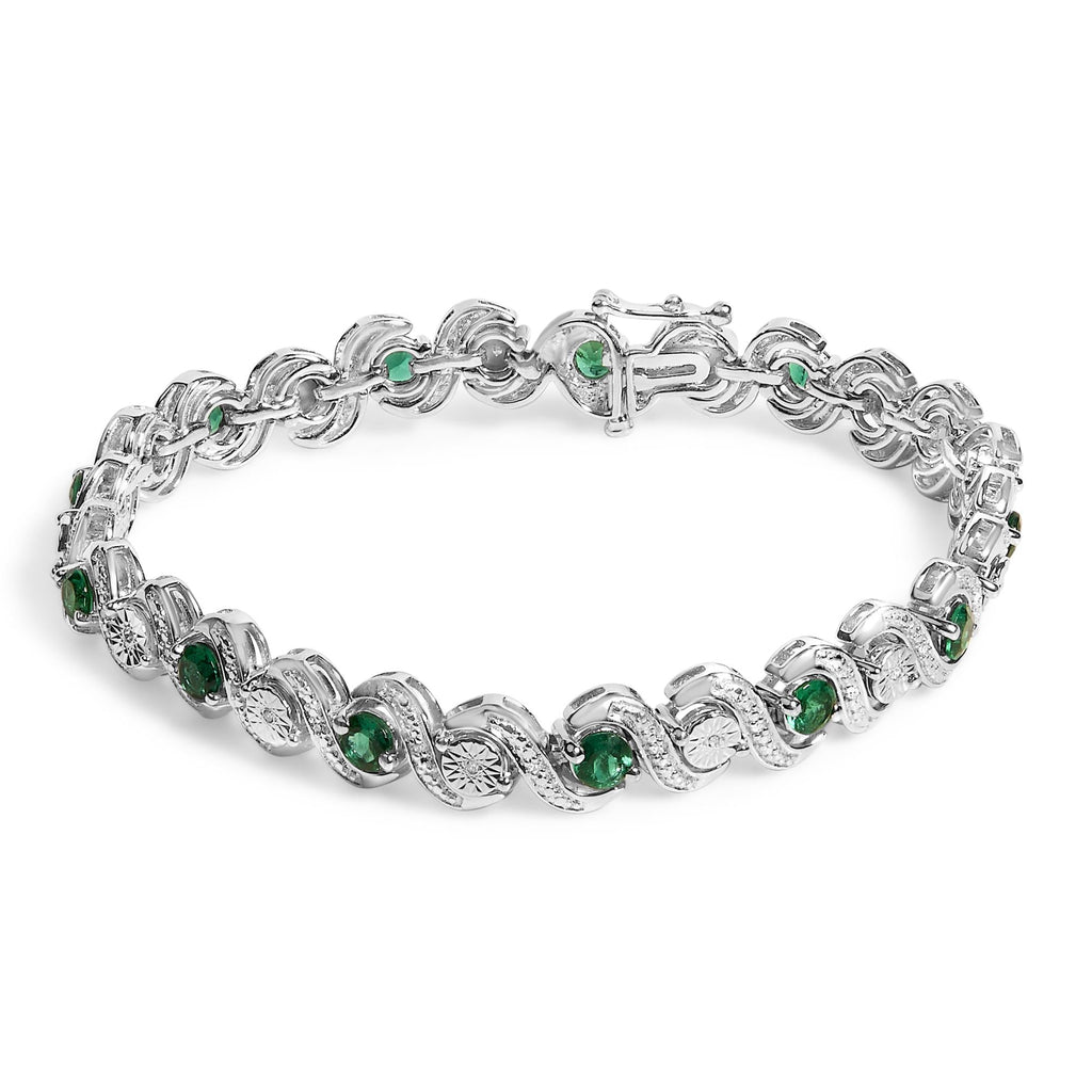 .925 Sterling Silver Created Emerald and Diamond Twist S Link Bracelet