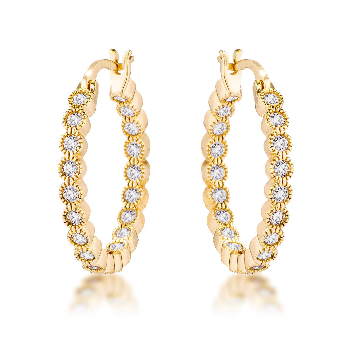Gold Plated Dotted Clear CZ Round Bezel Hoop Earrings