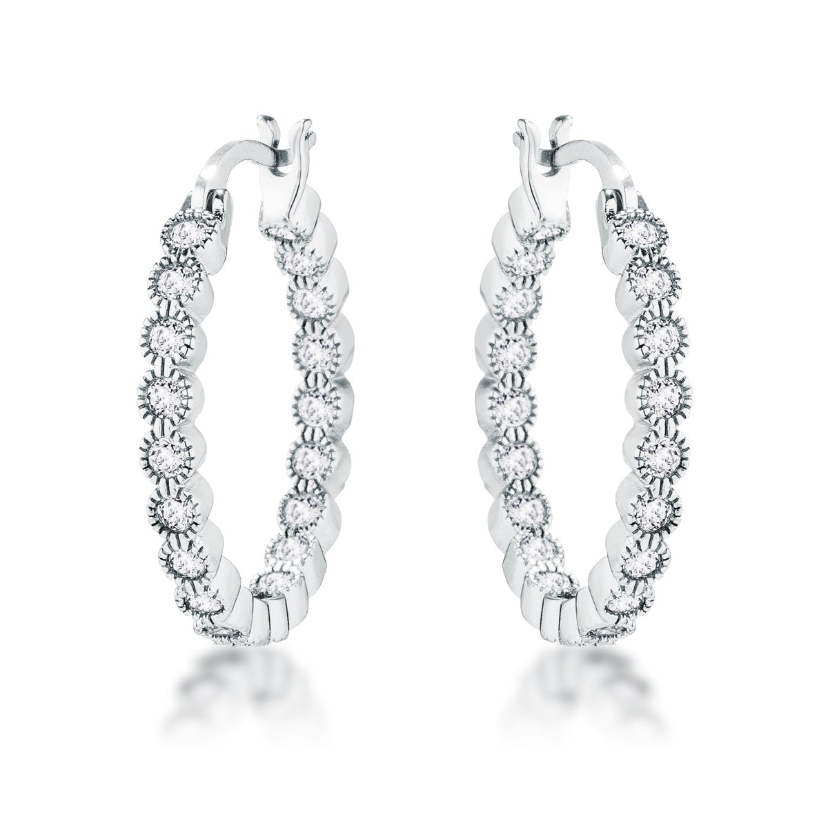 Rhodium Plated Dotted Clear CZ Round Bezel Hoop Earrings
