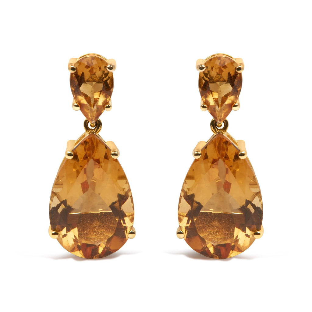 10K Yellow Gold Plated .925 Sterling Silver 12 1/3 Cttw Pear Shaped Orange Citrine Dangle Double Drop Stud Earring