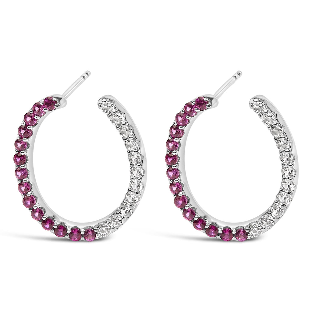 Sterling Silver Lab Created Ruby and White Sapphire Hoop Earrings