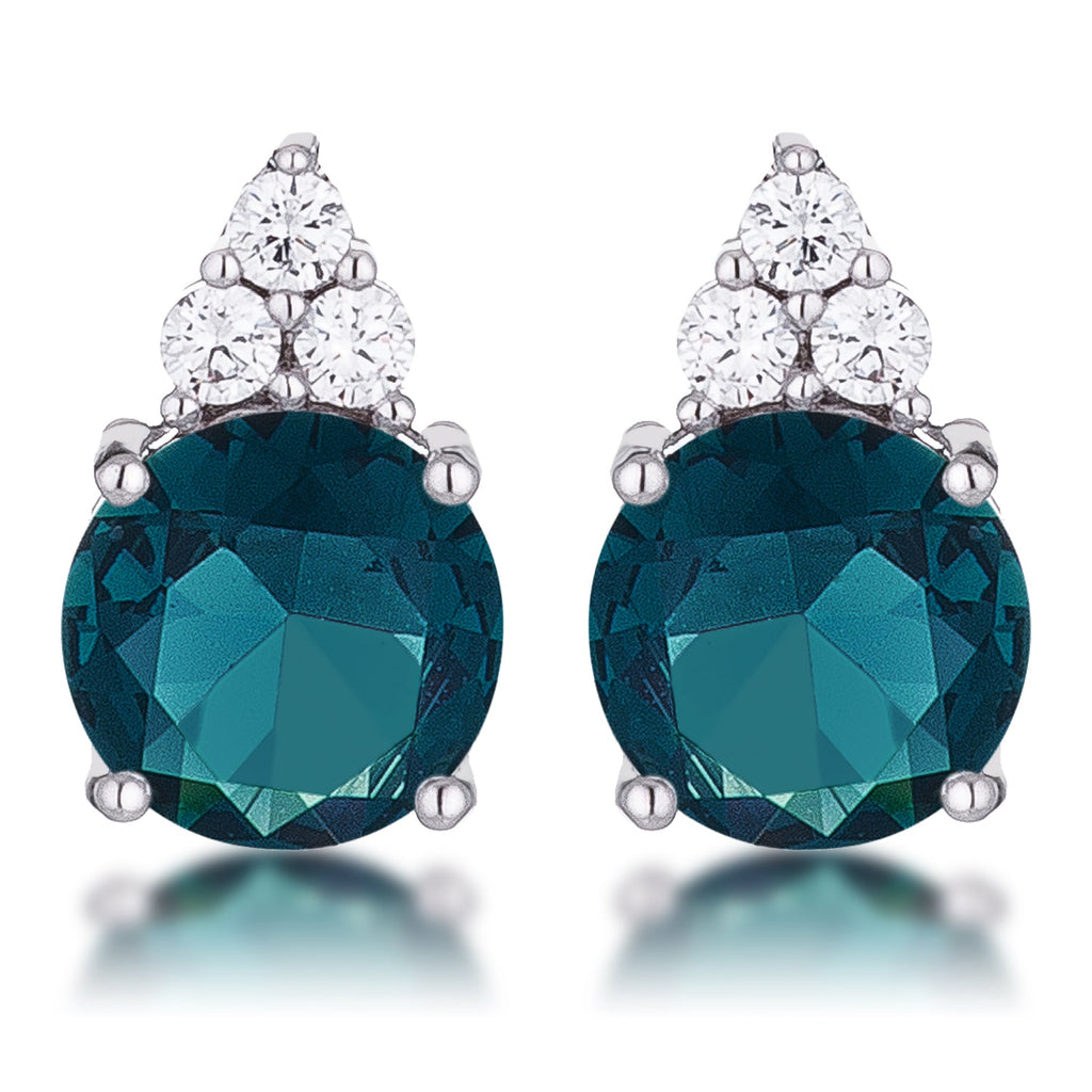 Simple Rhodium Plated 9mm Blue Green CZ Stud Earring