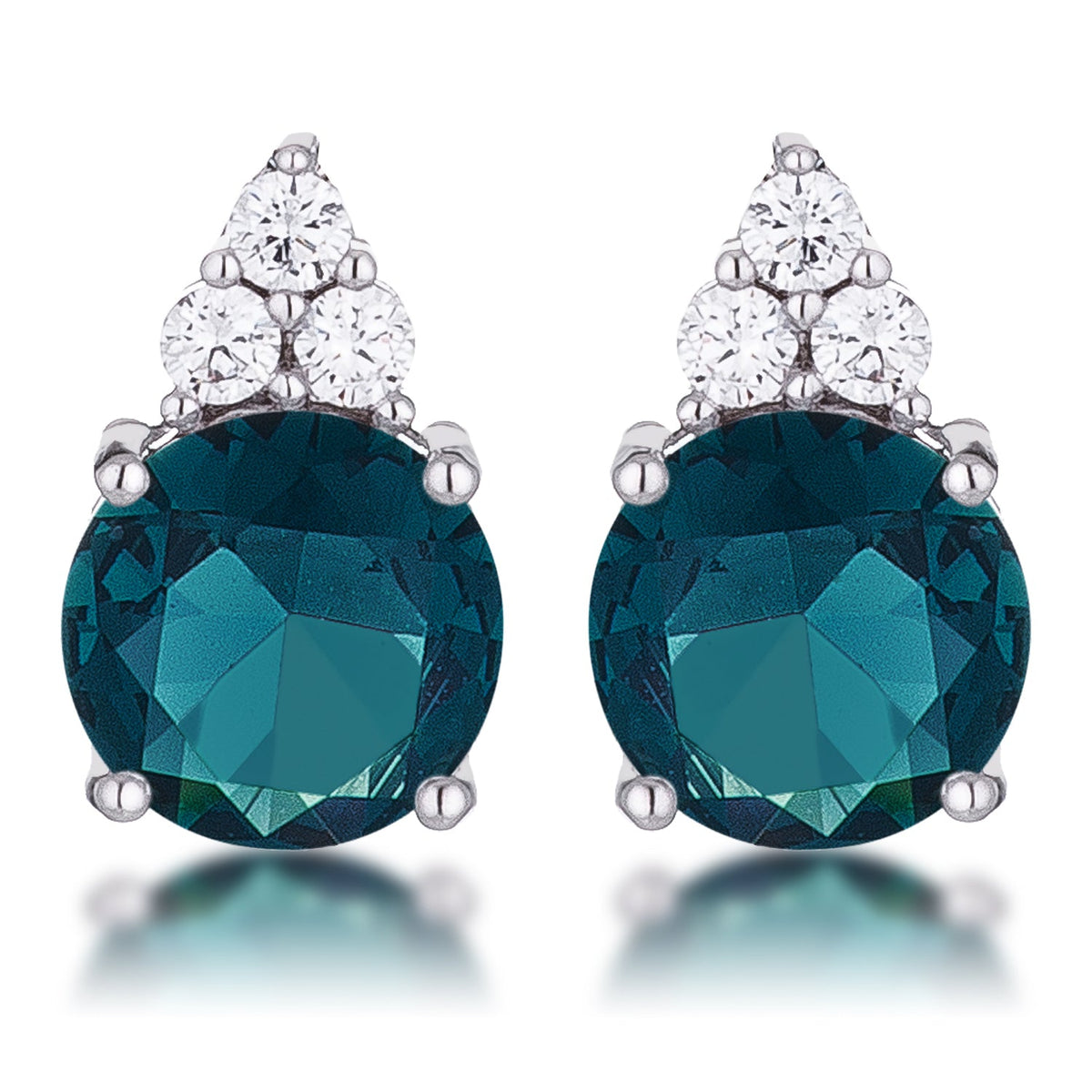 Simple Rhodium Plated 9mm Blue Green CZ Stud Earring