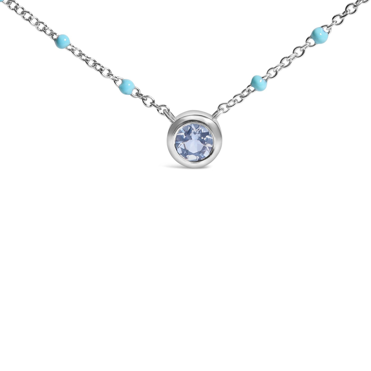Sterling Silver Bezel Set Light Blue Aquamarine and Enamel Bead Chain Necklace
