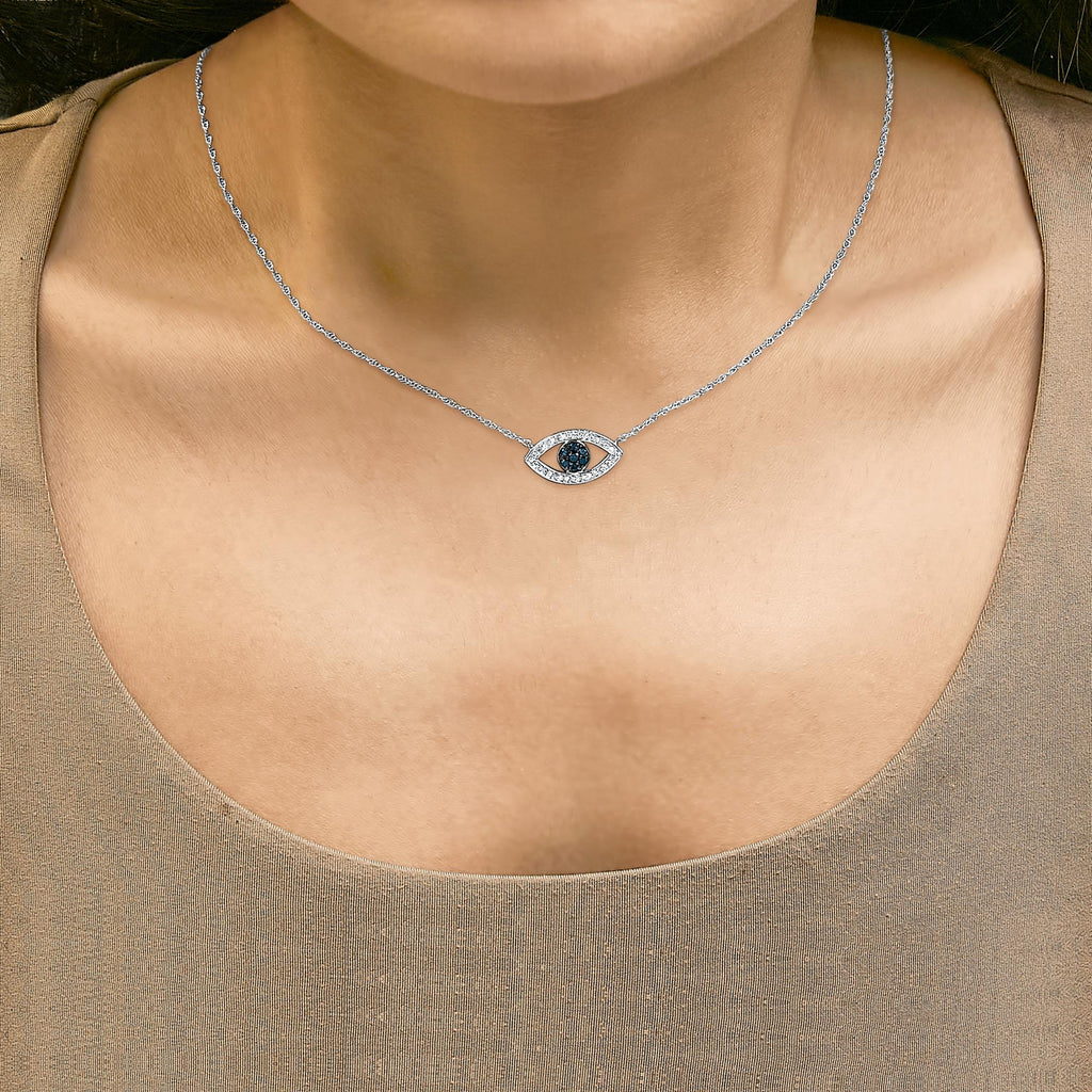 Sterling Silver 1/4 Cttw Blue and White Diamond Evil Eye Necklace