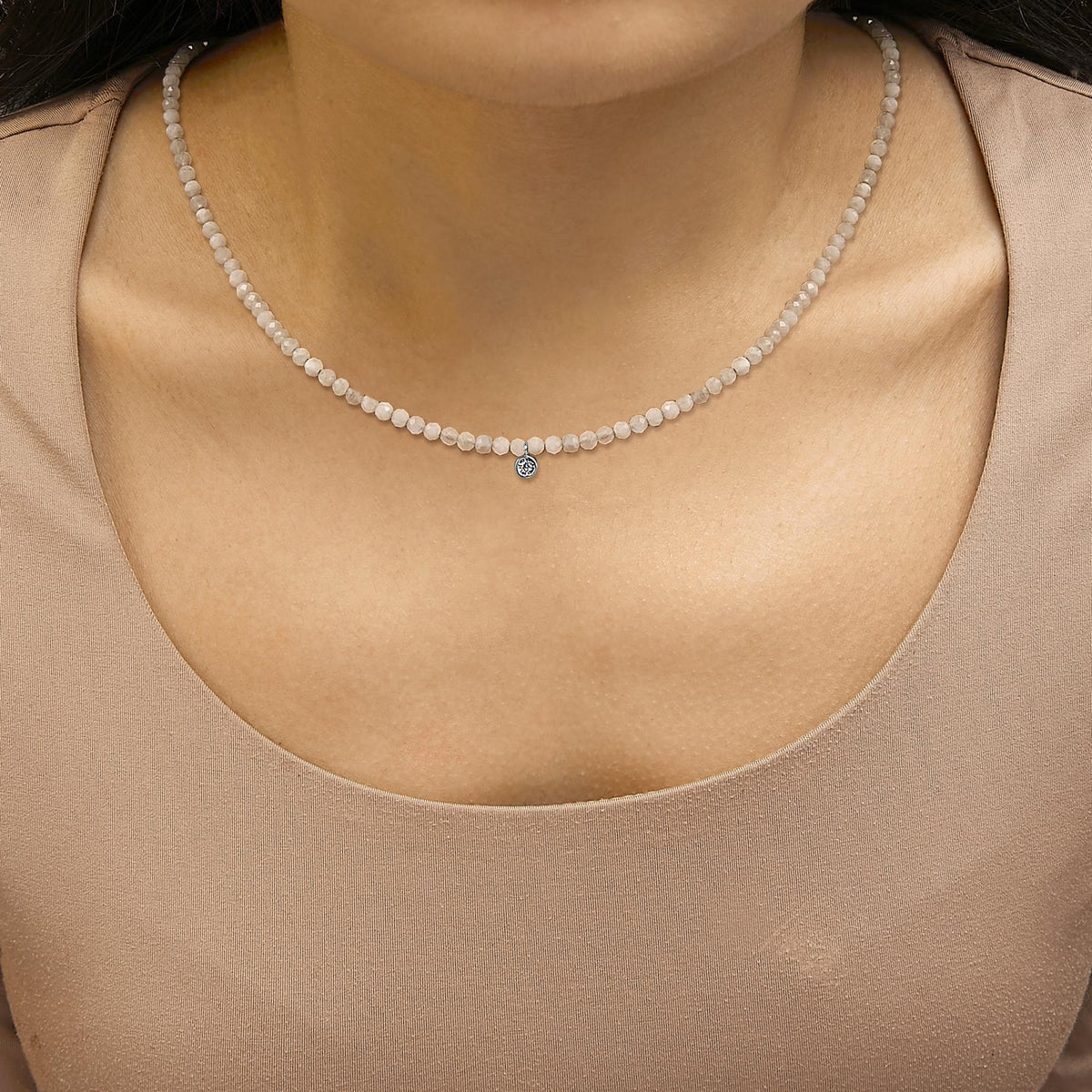 Sterling Silver Moonstone Bead Station Necklace with Diamond Accent