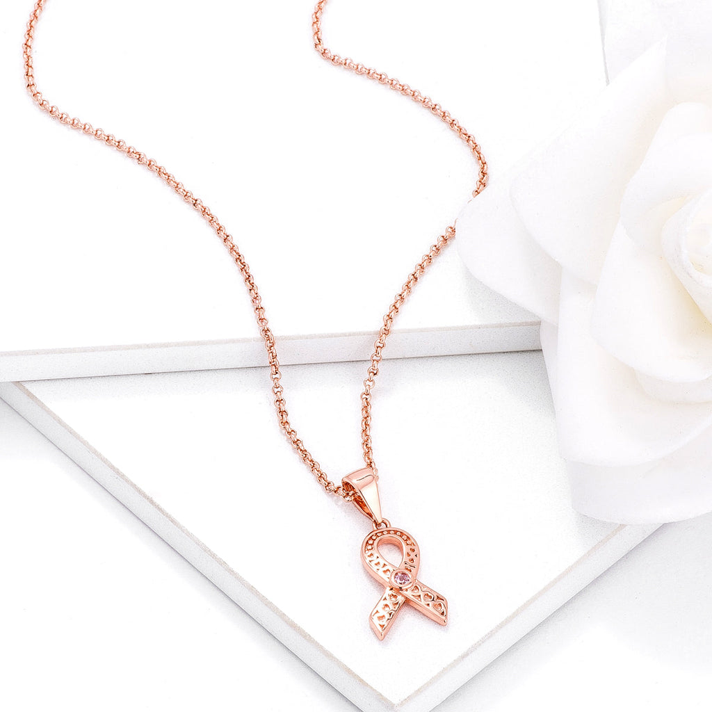 18k Rose Gold Plated Heart Filigree Breast Cancer Awareness Ribbon Pendant