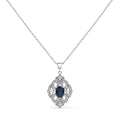.925 Sterling Silver 7x5 MM Oval Blue Sapphire and Diamond Accent Art Deco Style Shield Shaped 18" Pendant Necklace (I-J Color, I3 Clarity)