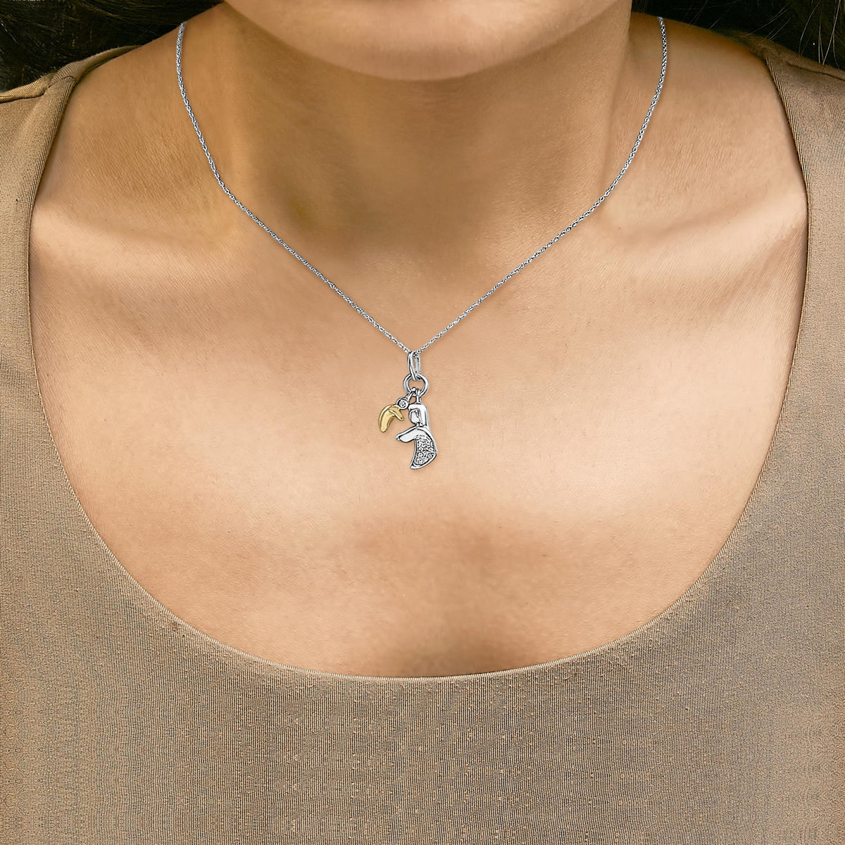 14K Yellow Gold Plated Sterling Silver Diamond Accent Mom and Child Pendant Necklace