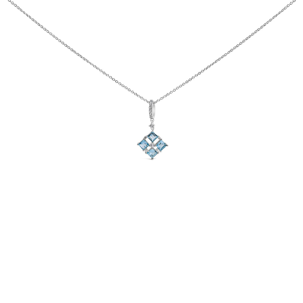 Sterling Silver Blue Topaz and White Sapphire Square Motif Pendant Necklace 18 Inch