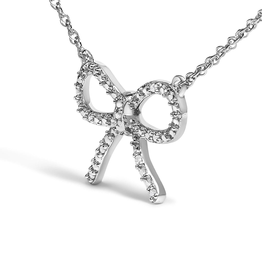 .925 Sterling Silver Diamond Accent Ribbon Bow Knot Pendant Necklace (J-K Color, I2-I3 Clarity) - 18" Inches