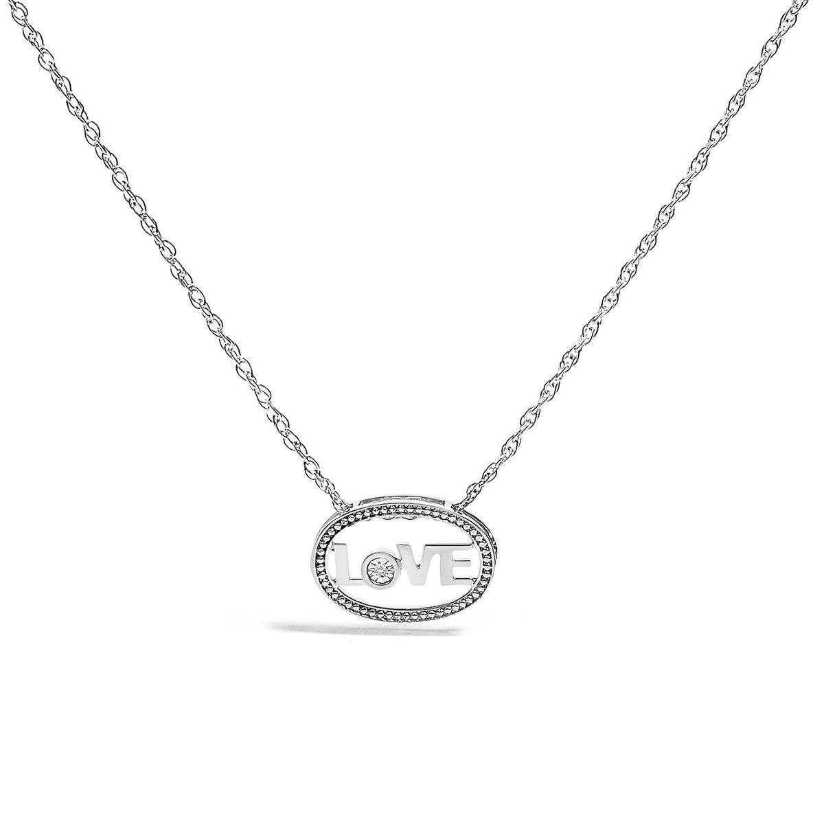 .925 Sterling Silver Diamond Accent "LOVE" Beaded Oval Pendant Necklace (J-K Color, I2-I3 Clarity) - 18" Inches