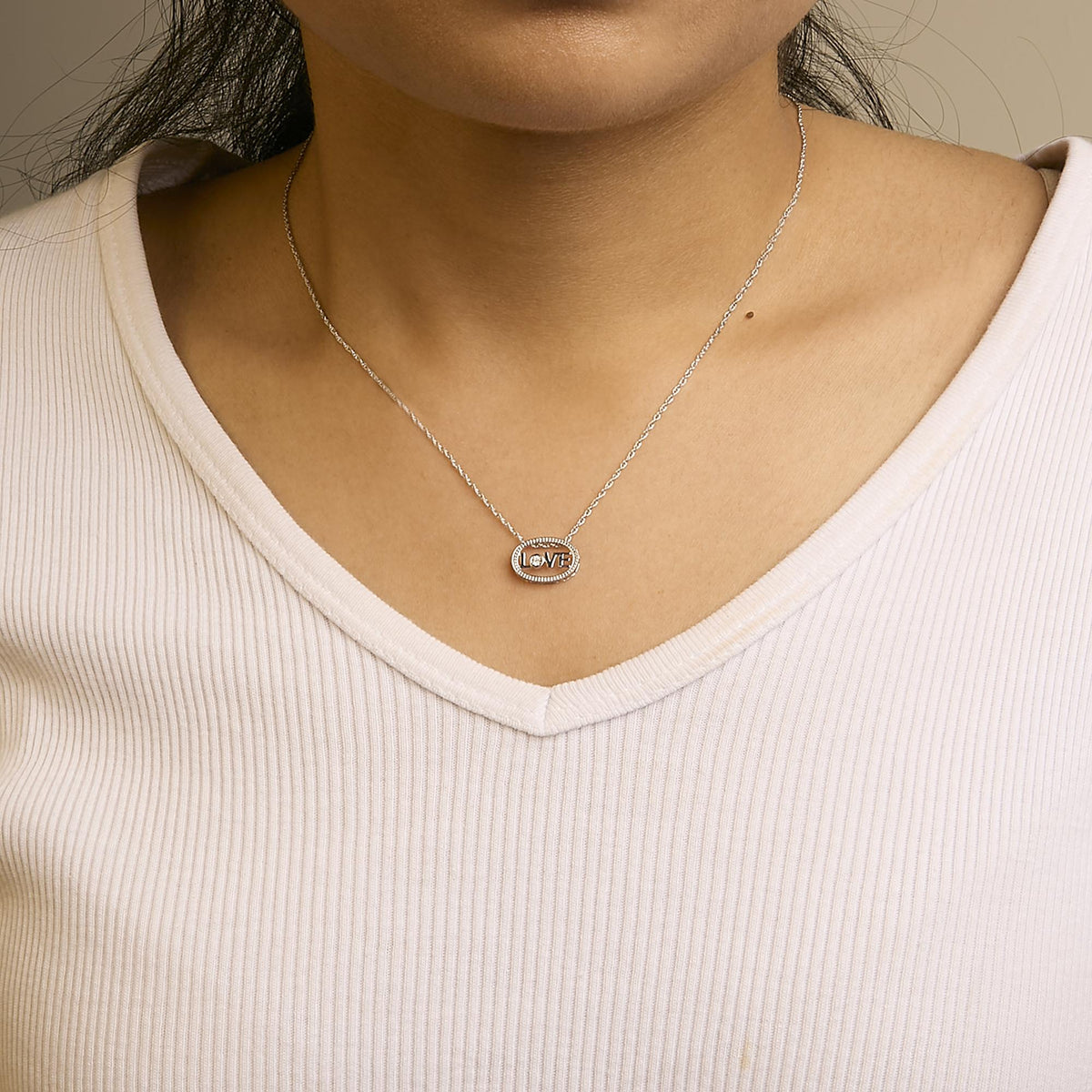 .925 Sterling Silver Diamond Accent "LOVE" Beaded Oval Pendant Necklace (J-K Color, I2-I3 Clarity) - 18" Inches
