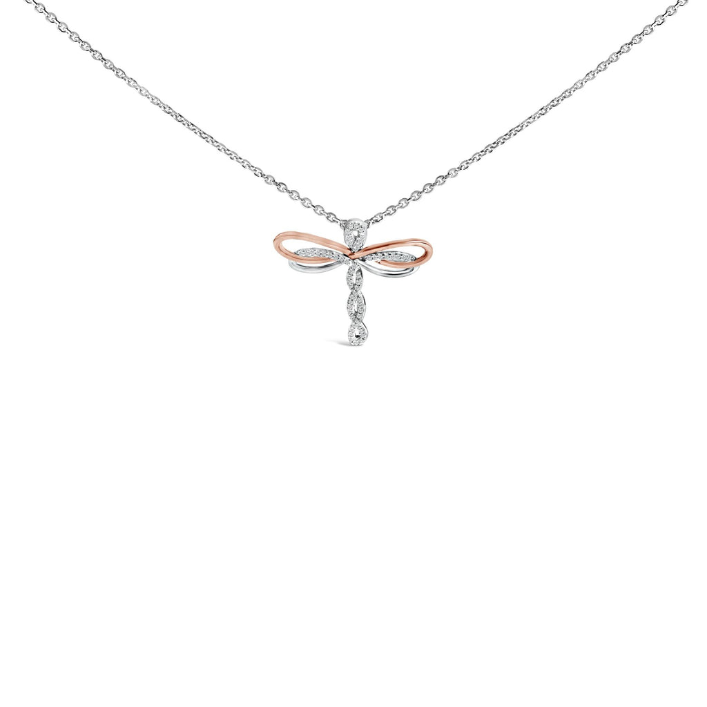 14K Rose Gold Plated Sterling Silver 1/10 Cttw Diamond Dragonfly Pendant Necklace