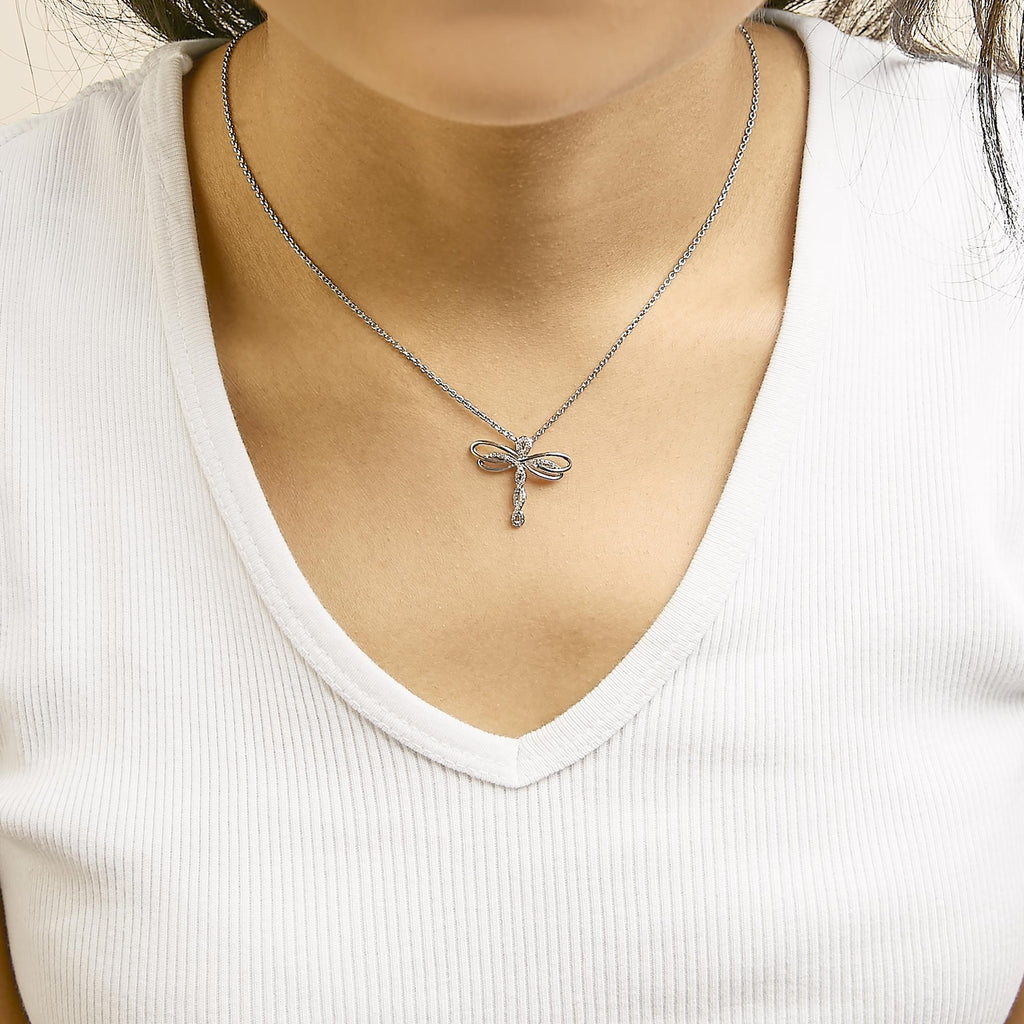 14K Rose Gold Plated Sterling Silver 1/10 Cttw Diamond Dragonfly Pendant Necklace