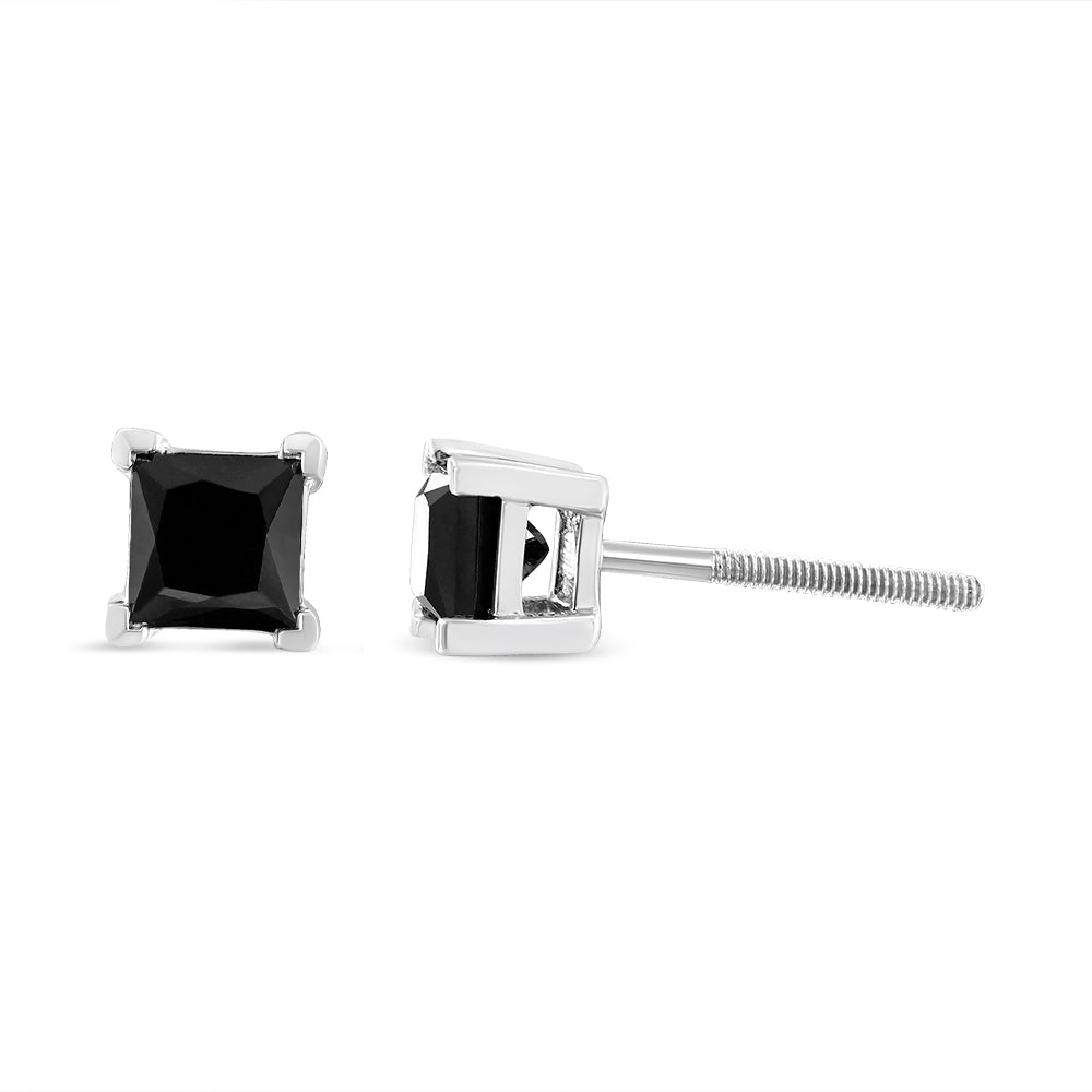 .925 Sterling Silver Princess-Cut Square Black Diamond Classic 4-Prong Stud Earrings with Screw Backs